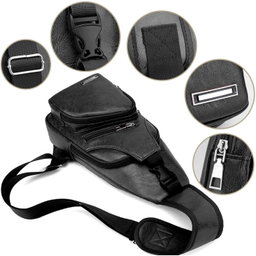 Waterproof Leisure PU Leather Single Shoulder Bag Men Chest Bag with USB Charging Port and Headphone Hole Black