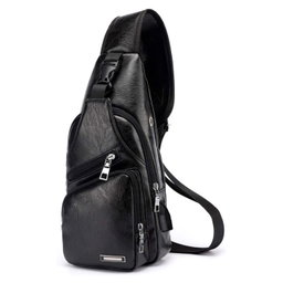 Waterproof Leisure PU Leather Single Shoulder Bag Men Chest Bag with USB Charging Port and Headphone Hole Black