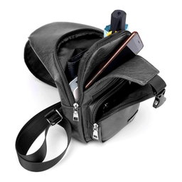 Waterproof Leisure PU Leather Single Shoulder Bag Men Chest Bag with USB Charging Port and Headphone Hole Black