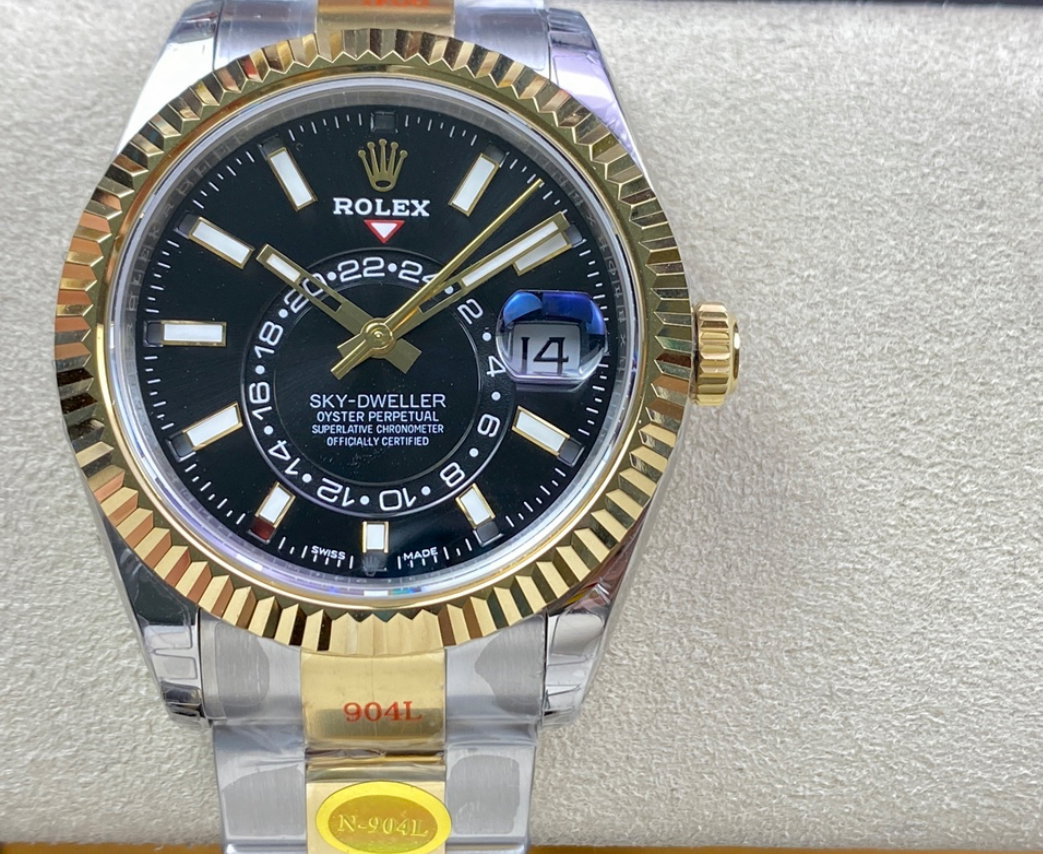 Super Clone Sky-Dweller 42MM Two-Tone Gold & Steel, Black Dial, Oyster
