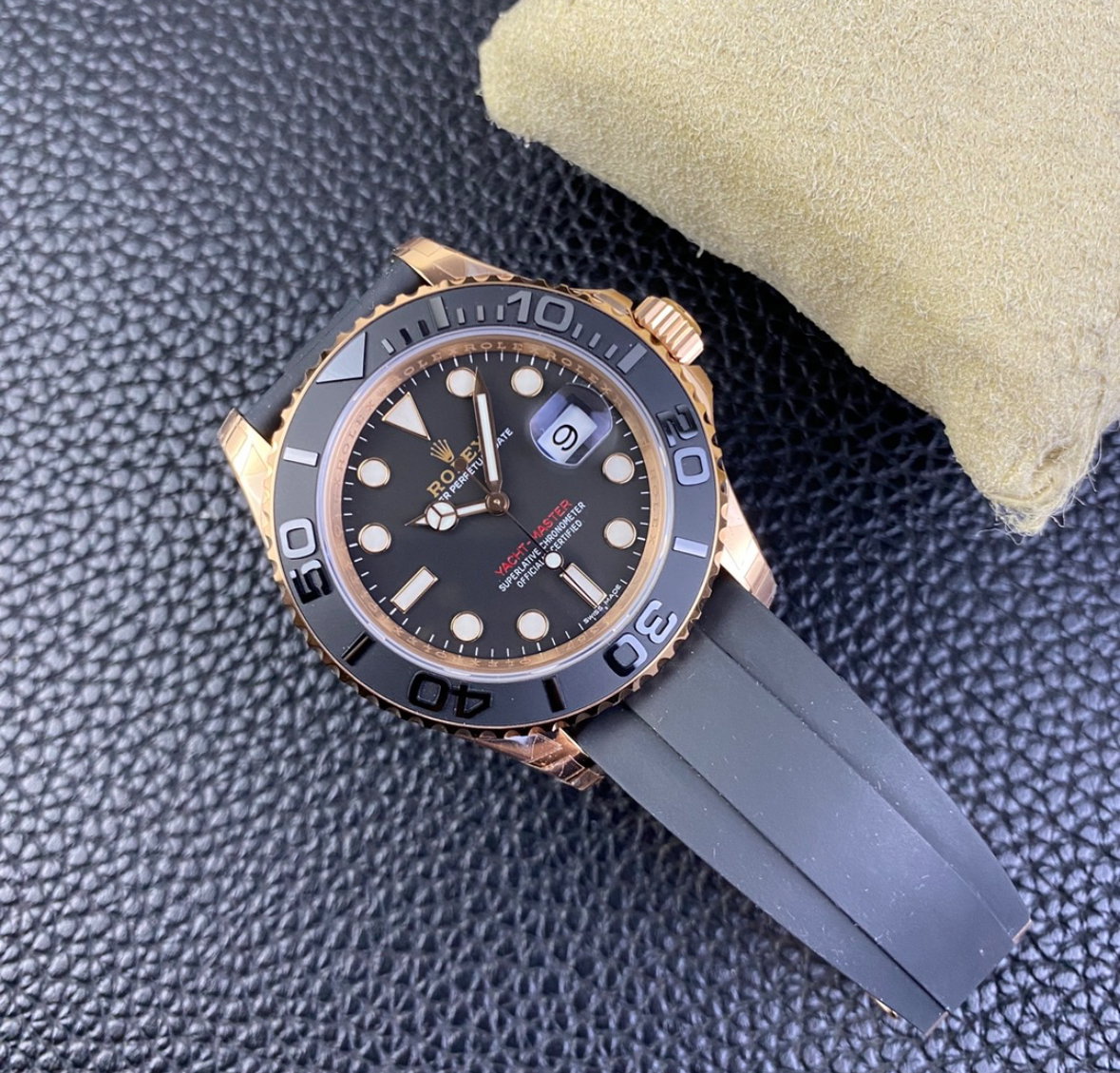 Super Clone Yatch-Master 126655 Rose Gold Case Black Dial 3D Ceramic Bezel on Oysterflex Strap_8
