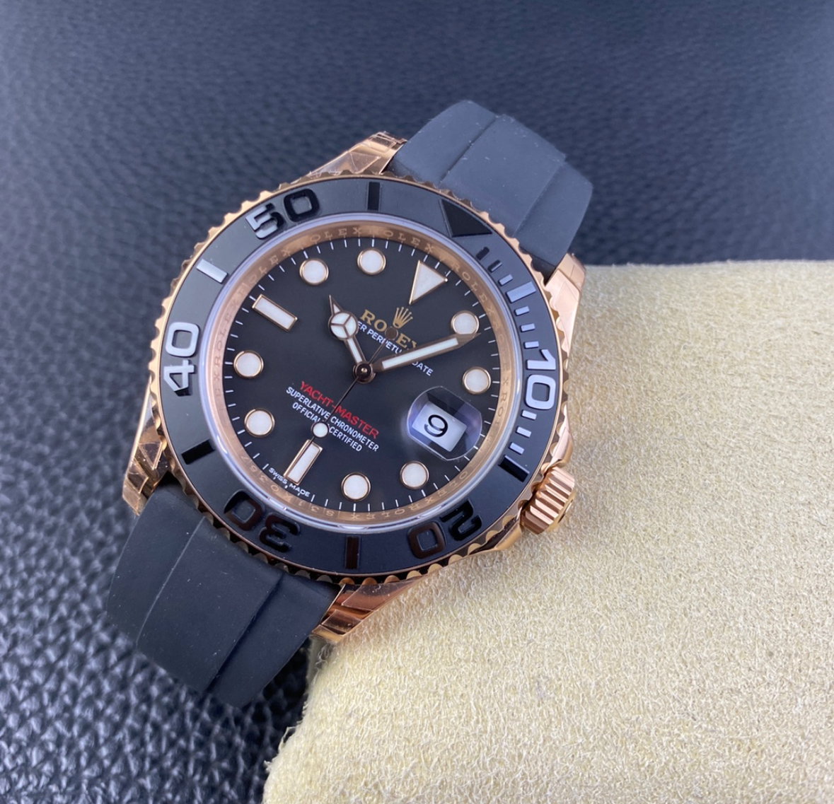 Super Clone Yatch-Master 126655 Rose Gold Case Black Dial 3D Ceramic Bezel on Oysterflex Strap_3