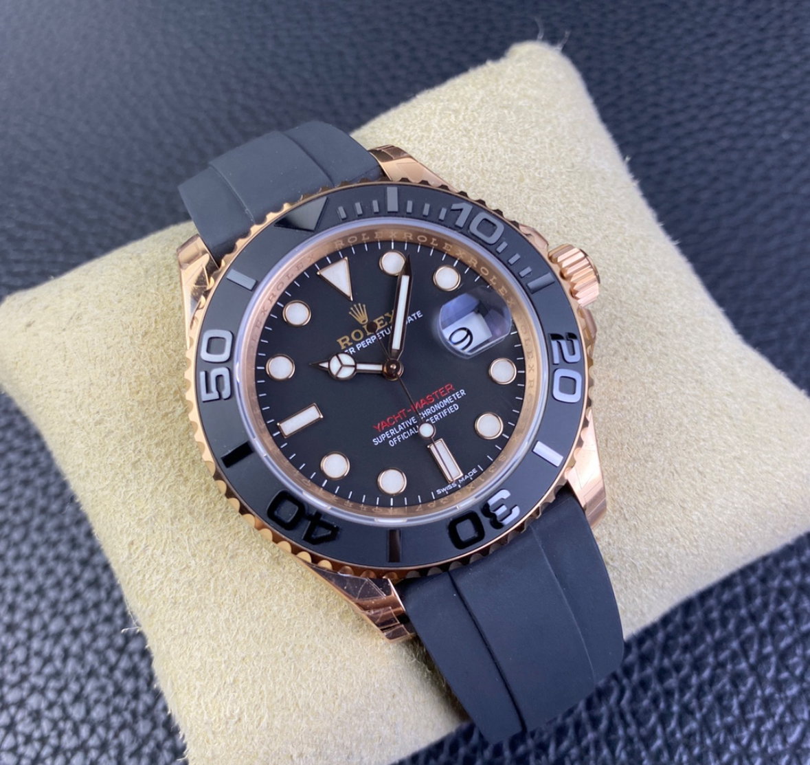 Super Clone Yatch-Master 126655 Rose Gold Case Black Dial 3D Ceramic Bezel on Oysterflex Strap_1