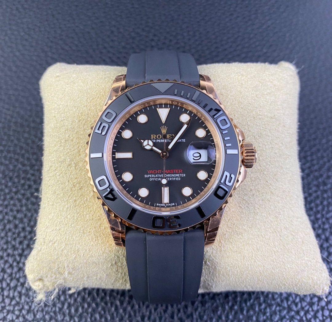 Super Clone Yatch-Master 126655 Rose Gold Case Black Dial 3D Ceramic Bezel on Oysterflex Strap