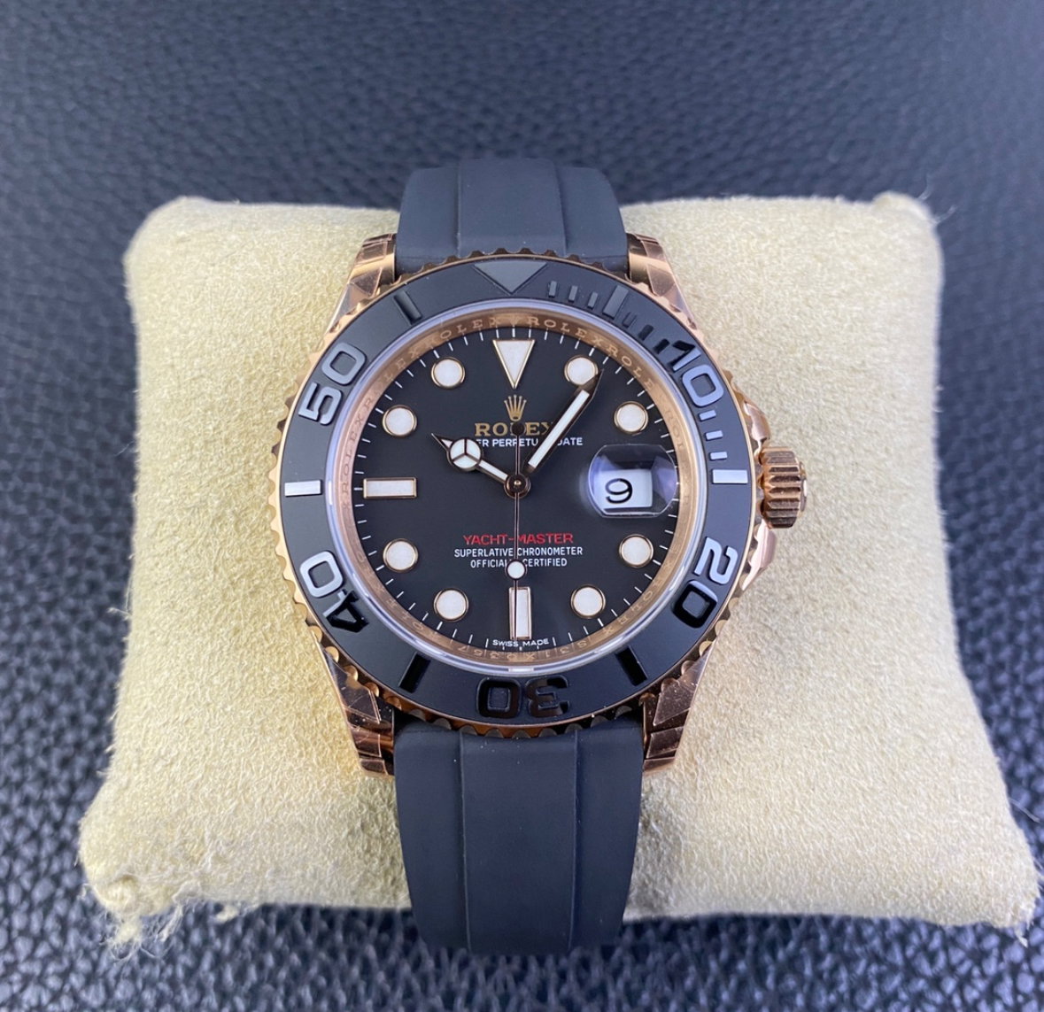 Super Clone Yatch-Master 126655 Rose Gold Case Black Dial 3D Ceramic Bezel on Oysterflex Strap_0