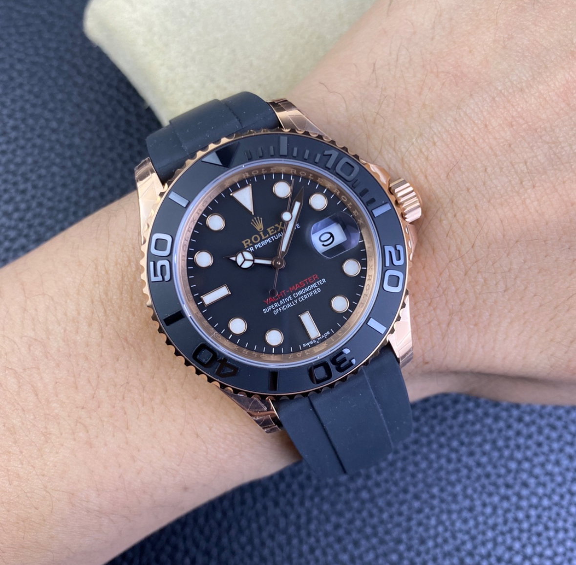 Super Clone Yatch-Master 126655 Rose Gold Case Black Dial 3D Ceramic Bezel on Oysterflex Strap_9