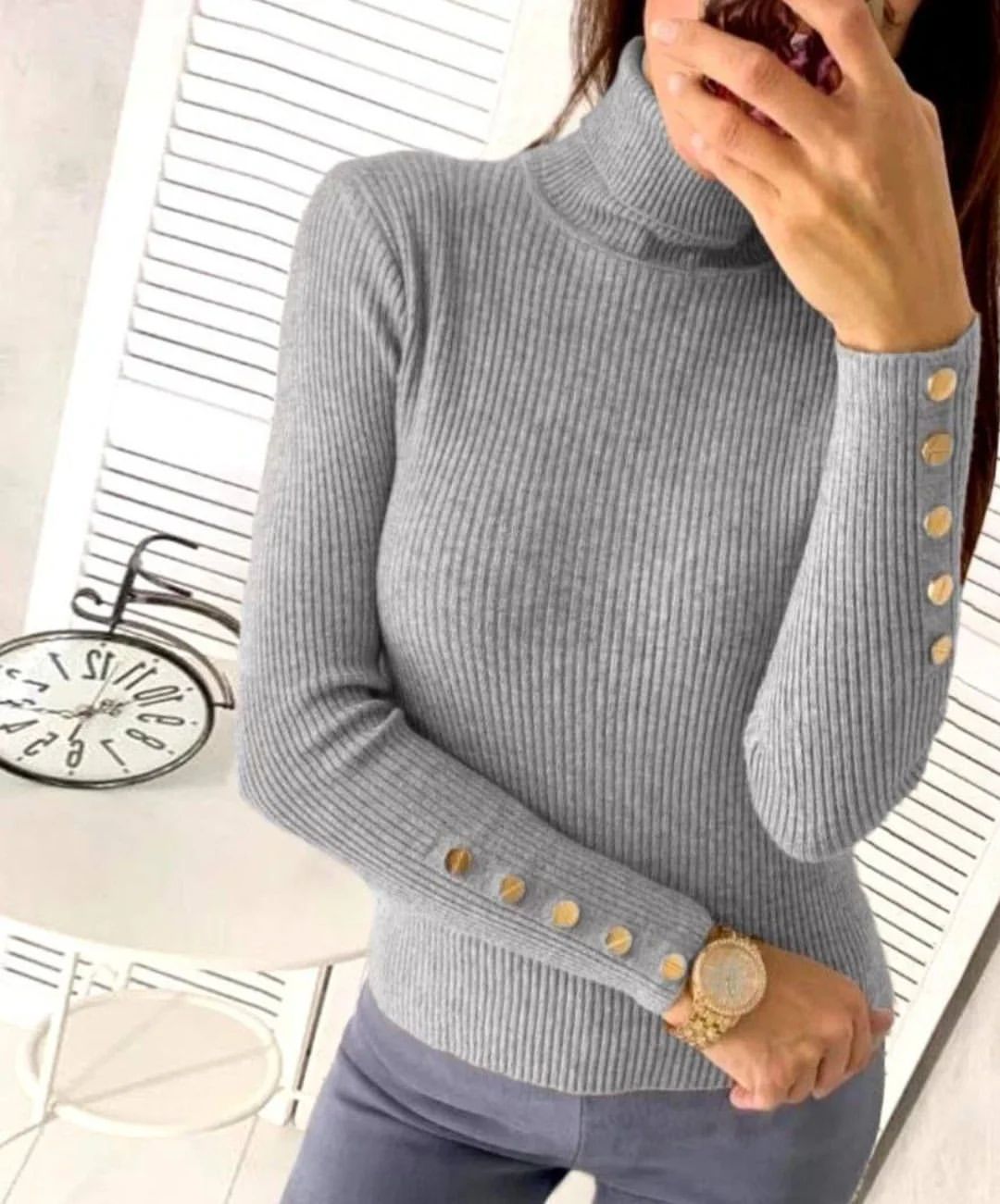 Winter sweater pullover long sleeve button turtleneck chic sweater slim knit soft Fabric Pullover top_4