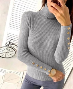 Winter sweater pullover long sleeve button turtleneck chic sweater slim knit soft Fabric Pullover top