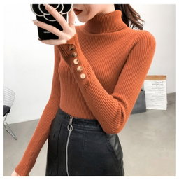 Winter sweater pullover long sleeve button turtleneck chic sweater slim knit soft Fabric Pullover top