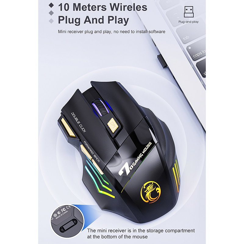 iMICE GW-X7 7-button Silent Rechargeable Wireless Gaming Mouse with Colorful RGB Lights(Black)_7