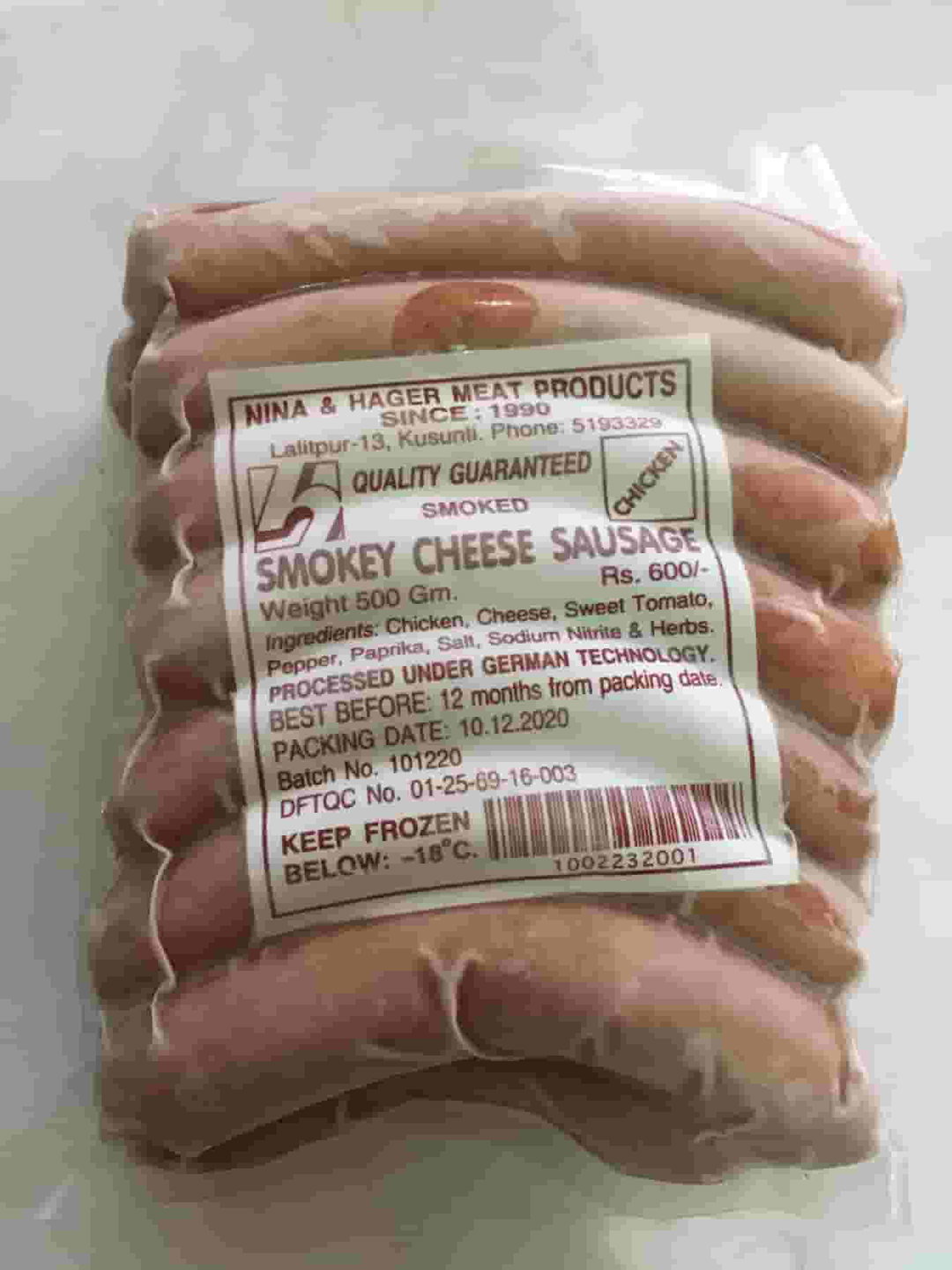 Nina & Hager Smokey Cheese Chicken Sausage, 500 gm