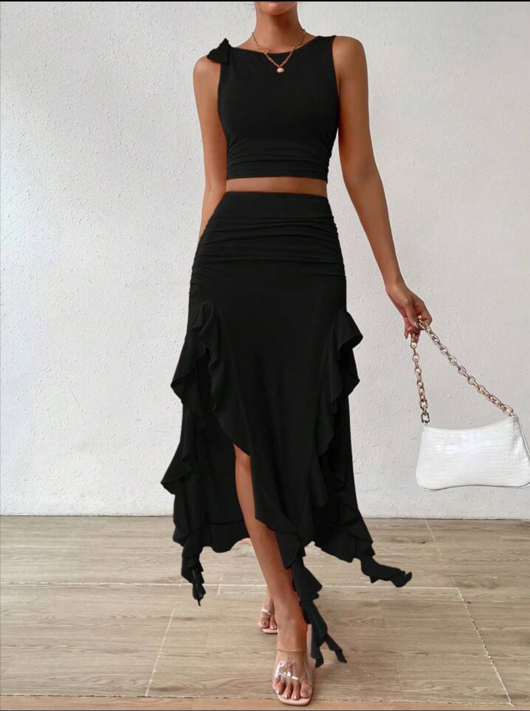 Privé Solid Tank Top & Ruffle Trim Asymmetrical Hem Skirt_4