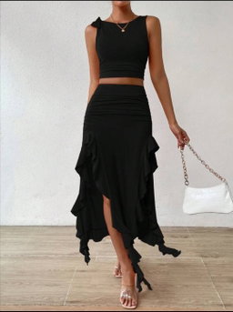 Privé Solid Tank Top & Ruffle Trim Asymmetrical Hem Skirt