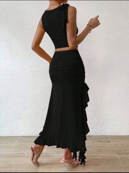 Privé Solid Tank Top & Ruffle Trim Asymmetrical Hem Skirt