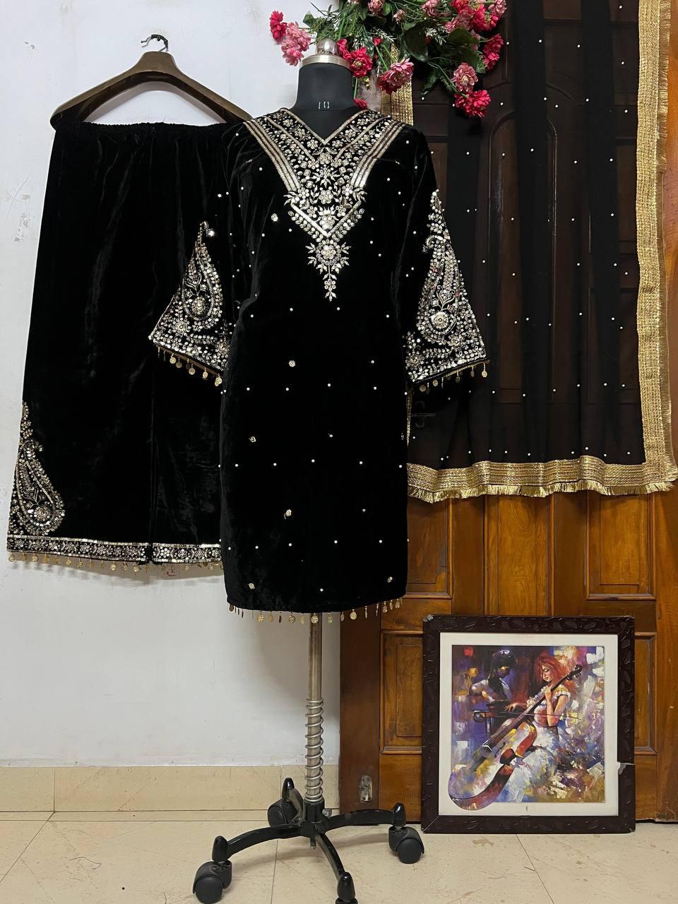 3pc Velvet Kurti Palazzo Set_2