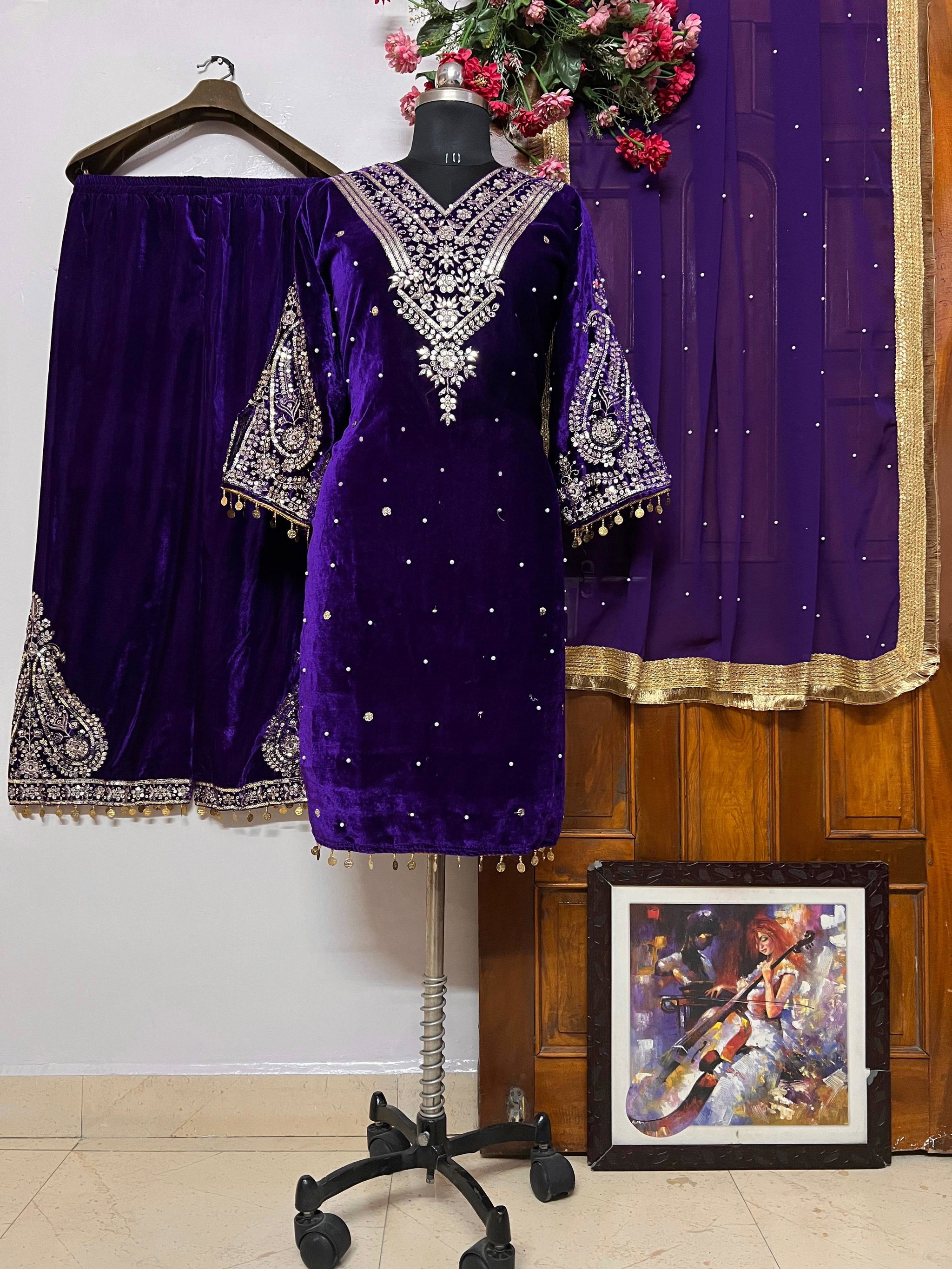 3pc Velvet Kurti Palazzo Set_1