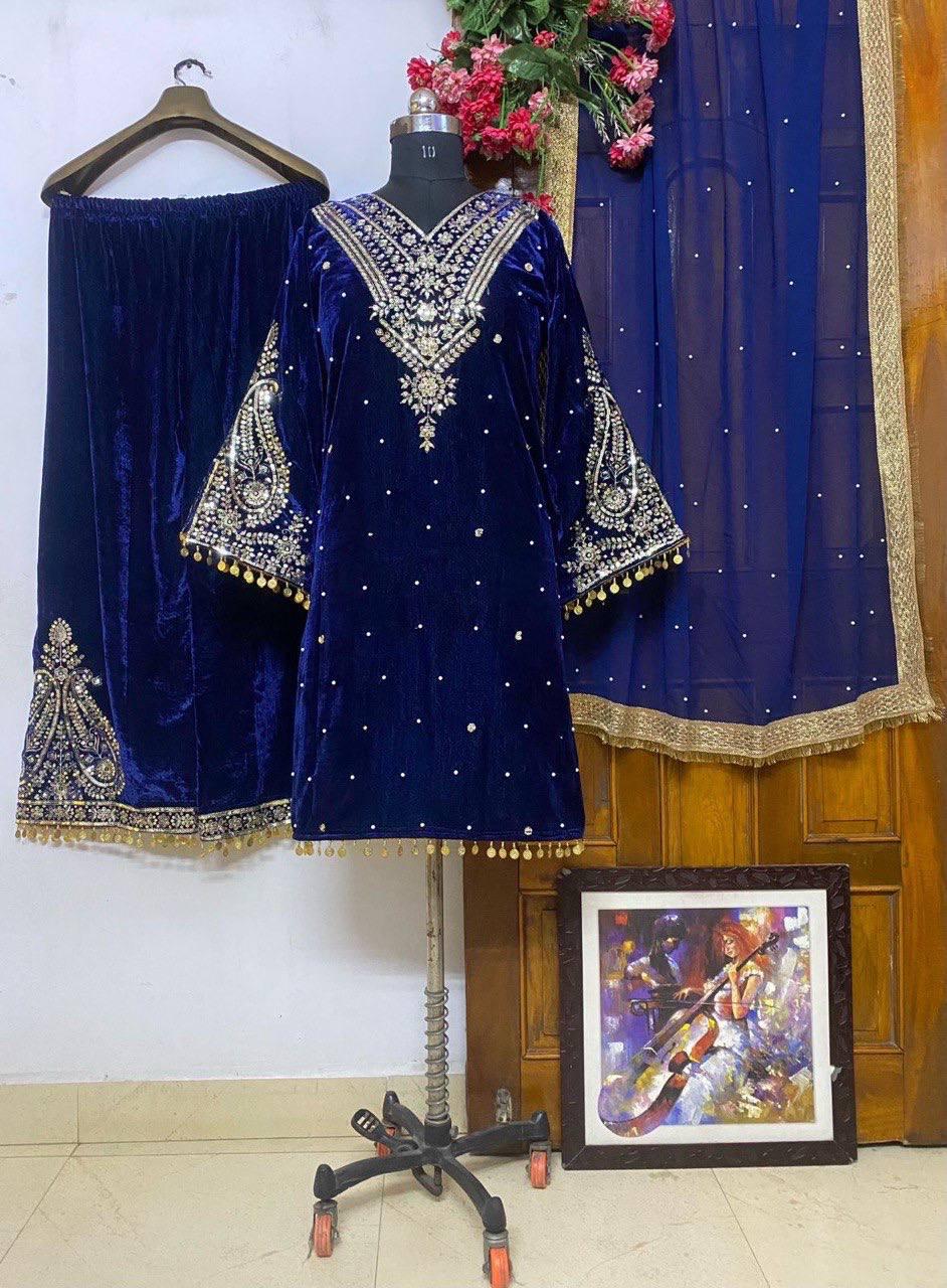 3pc Velvet Kurti Palazzo Set_6