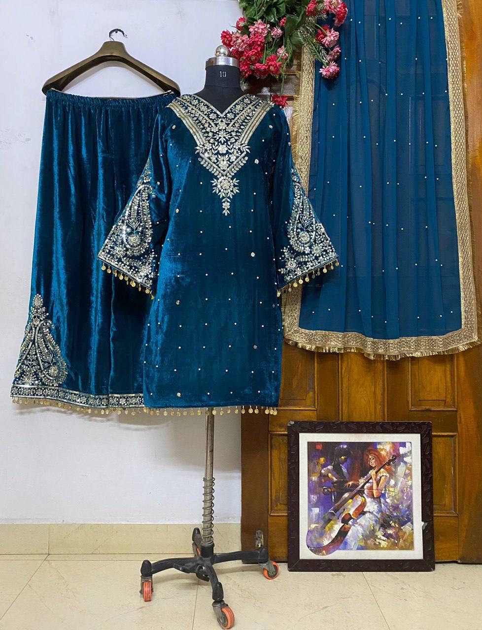 3pc Velvet Kurti Palazzo Set_5