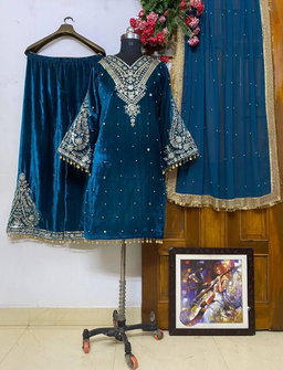 3pc Velvet Kurti Palazzo Set