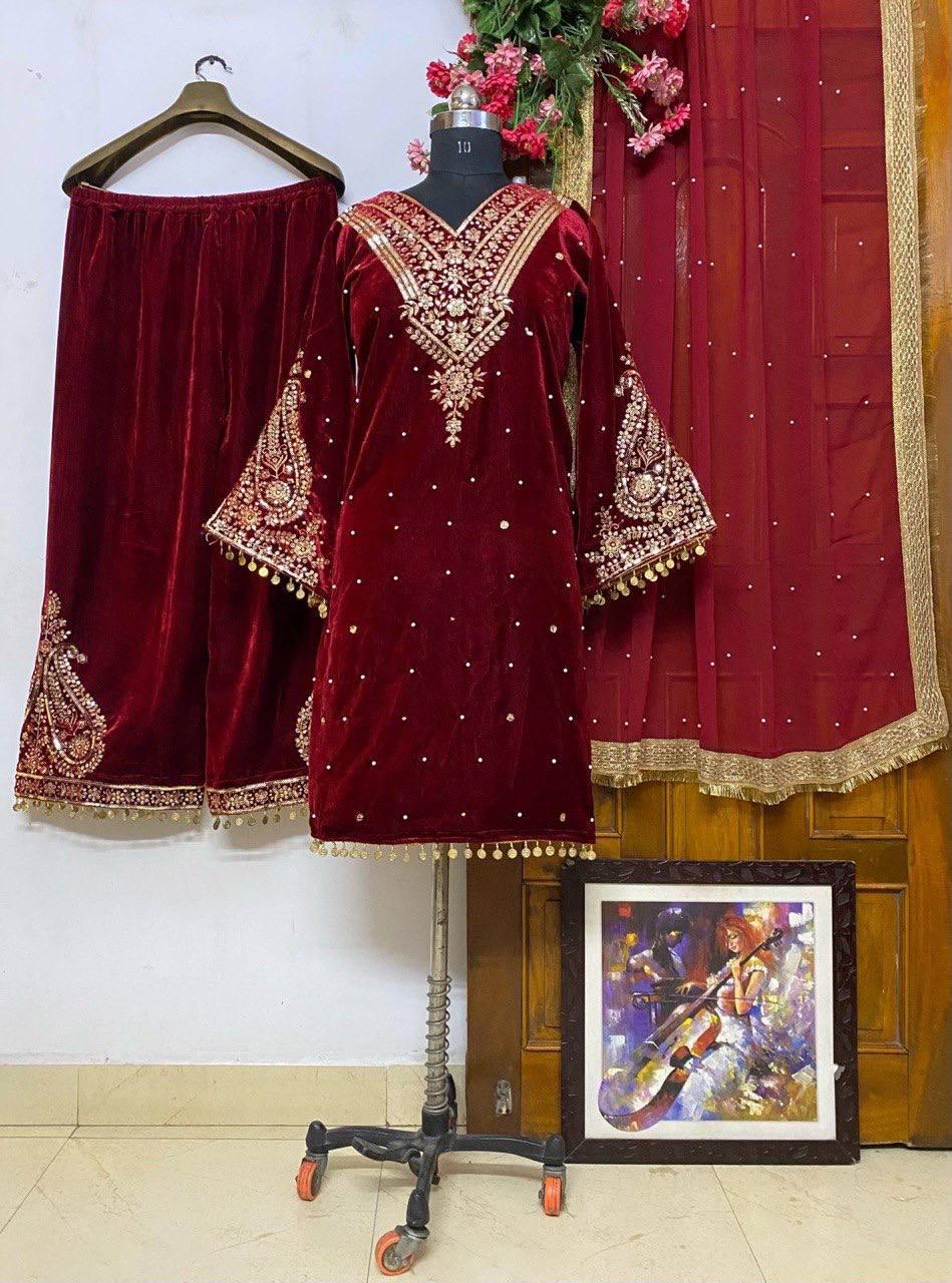 3pc Velvet Kurti Palazzo Set_8