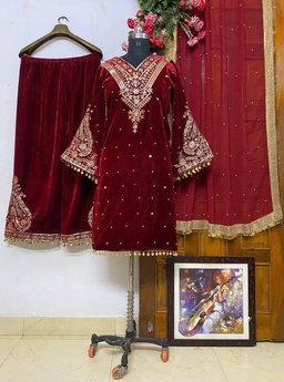 3pc Velvet Kurti Palazzo Set