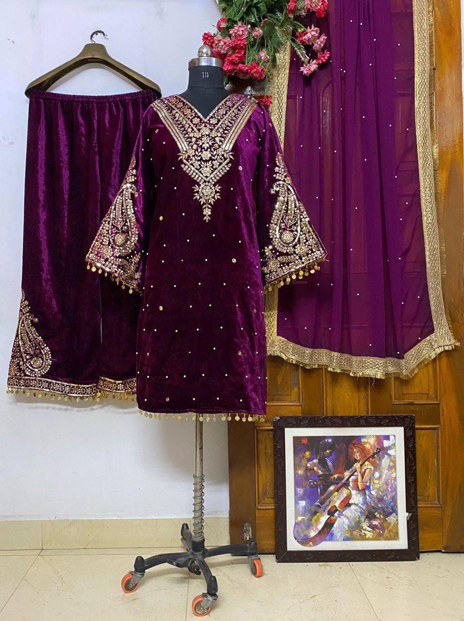 3pc Velvet Kurti Palazzo Set_7