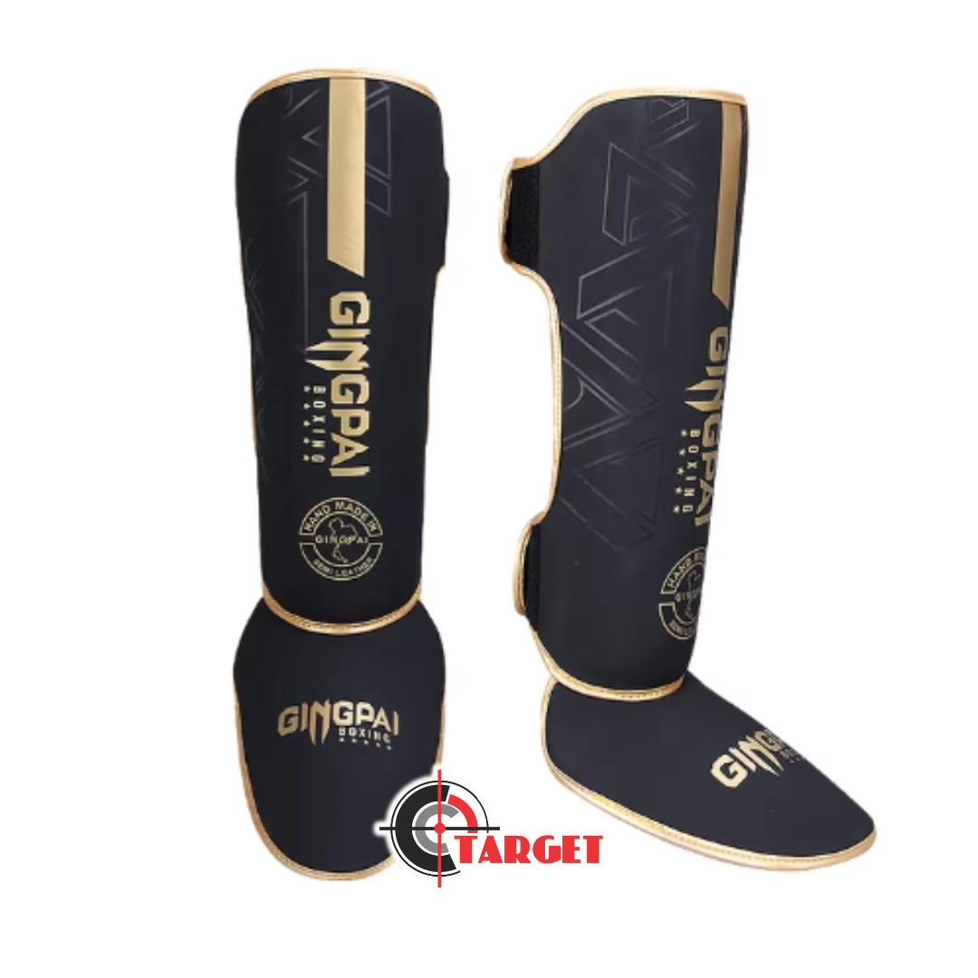 Boxing Shin Guards 2 Pcs Black Gold GINGPAI MMA , Muay Thai , Kick Boxing , Karate , Protective Gear