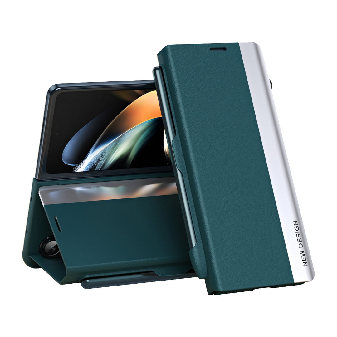 For Samsung Galaxy Z Fold 5 5G Side Electroplating Adsorption Ultra-thin Leather Phone Case with Pen Green