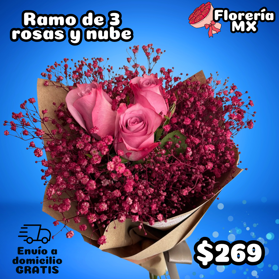 RAMO DE 3 ROSAS Y NUBE ROSA