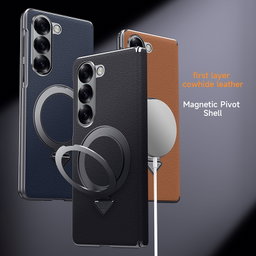 For Samsung Galaxy Z Fold 5 SULADA Top Grain Leather MagSafe Magnetic Holder Phone Case(Brown)