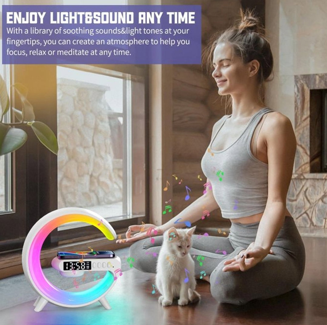 Smart Alarm Clock with G-Shape RGB Light Bluetooth Speaker, Wireless Charging for Bedroom, Living Room, and Game Room (1 Pc)_2
