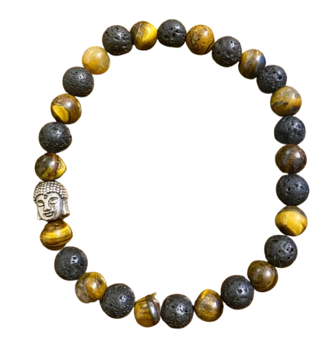 Pulsera Ojo de tigre/Piedra volcanica con dije cabeza de Buda_0