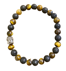 Pulsera Ojo de tigre/Piedra volcanica con dije cabeza de Buda