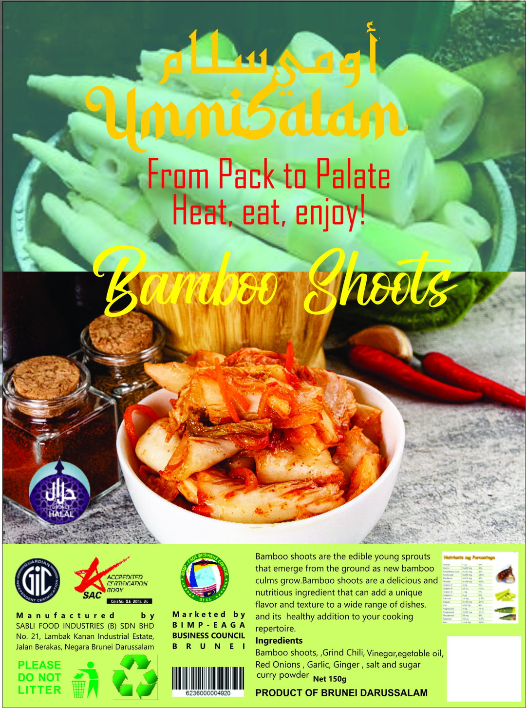 Bamboo Shoots - Bamboo shoots are the edible sprouts of the bamboo plant. They are commonly used in various Asian cuisines and are known for their crisp texture and mild flavor. Bamboo shoots are low in calories and fat, making them a healthy addition to your diet. They are a good source of fiber, vitamins, and minerals, such as potassium and manganese. 150g