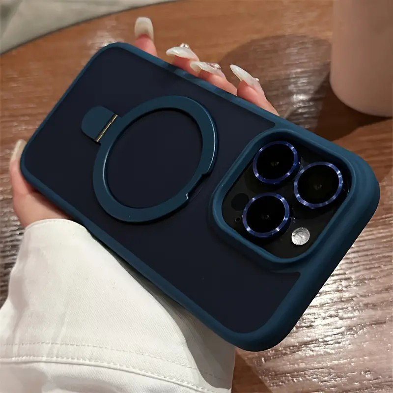 Luxury Magnetic Holder Armor Shockproof Wireless Charging Phone Case, For iPhone 15 Pro Max / Navy Blue