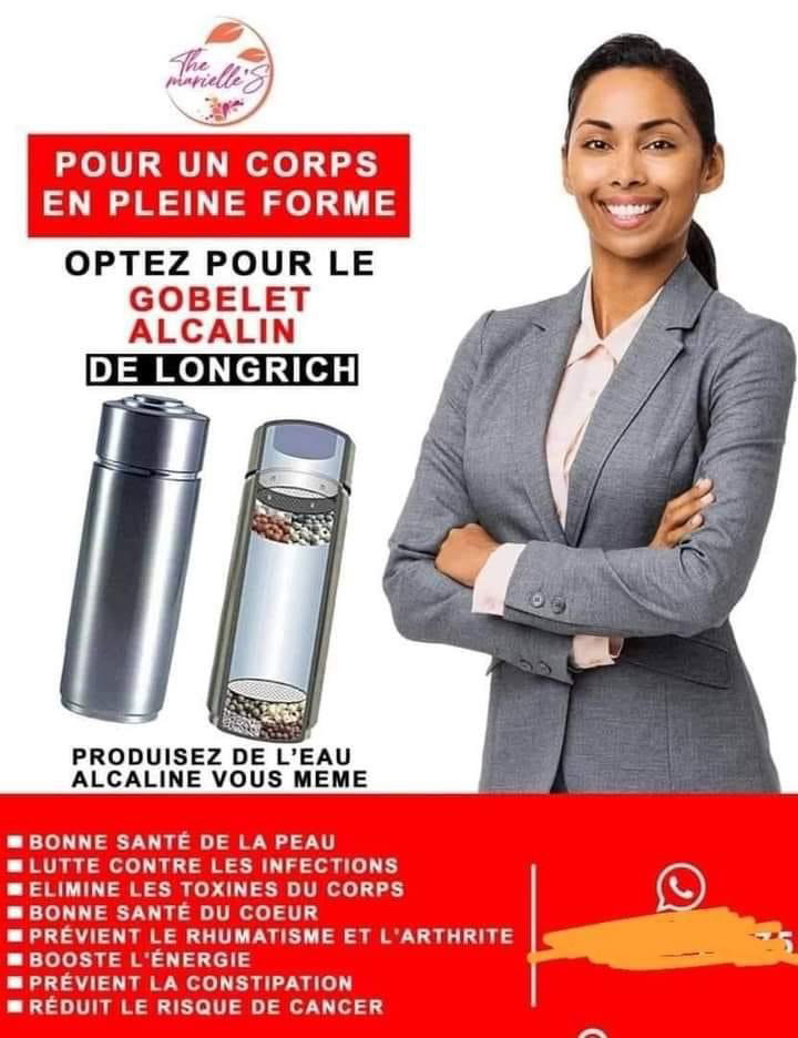 Le gobelet alcalin Longrich est assez spécial. Il transforme toute eau, acide ou neutre en une eau alcaline ionisée de pH 7,45 à 8 saine et potable.  Assure un approvisionnement en eau purifiée et un pH équilibré tout le temps grâce à l’élimination de l’excès Il élimine le chlore et les métaux nocifs Une enquête menée par l’OMS a révélé que près de 80% des maladies humaines sont dues à l’eau potable impure.  Boire de l’eau alcaline ionisée contribue au maintien de l’équilibre acide/basique dans notre corps. Le niveau d’alcalinité est en effet très important, car les recherches ont déjà prouvé que les bactéries et maladies ne peuvent pas survivre dans un état alcalin, mais qu’elles ont tendance à prospérer dans un environnement acide._15