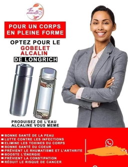 Le gobelet alcalin Longrich est assez spécial. Il transforme toute eau, acide ou neutre en une eau alcaline ionisée de pH 7,45 à 8 saine et potable.  Assure un approvisionnement en eau purifiée et un pH équilibré tout le temps grâce à l’élimination de l’excès Il élimine le chlore et les métaux nocifs Une enquête menée par l’OMS a révélé que près de 80% des maladies humaines sont dues à l’eau potable impure.  Boire de l’eau alcaline ionisée contribue au maintien de l’équilibre acide/basique dans notre corps. Le niveau d’alcalinité est en effet très important, car les recherches ont déjà prouvé que les bactéries et maladies ne peuvent pas survivre dans un état alcalin, mais qu’elles ont tendance à prospérer dans un environnement acide.