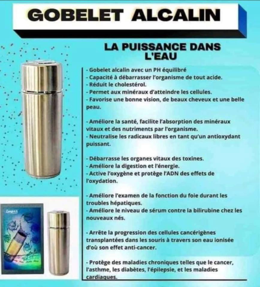 Le gobelet alcalin Longrich est assez spécial. Il transforme toute eau, acide ou neutre en une eau alcaline ionisée de pH 7,45 à 8 saine et potable.  Assure un approvisionnement en eau purifiée et un pH équilibré tout le temps grâce à l’élimination de l’excès Il élimine le chlore et les métaux nocifs Une enquête menée par l’OMS a révélé que près de 80% des maladies humaines sont dues à l’eau potable impure.  Boire de l’eau alcaline ionisée contribue au maintien de l’équilibre acide/basique dans notre corps. Le niveau d’alcalinité est en effet très important, car les recherches ont déjà prouvé que les bactéries et maladies ne peuvent pas survivre dans un état alcalin, mais qu’elles ont tendance à prospérer dans un environnement acide._12