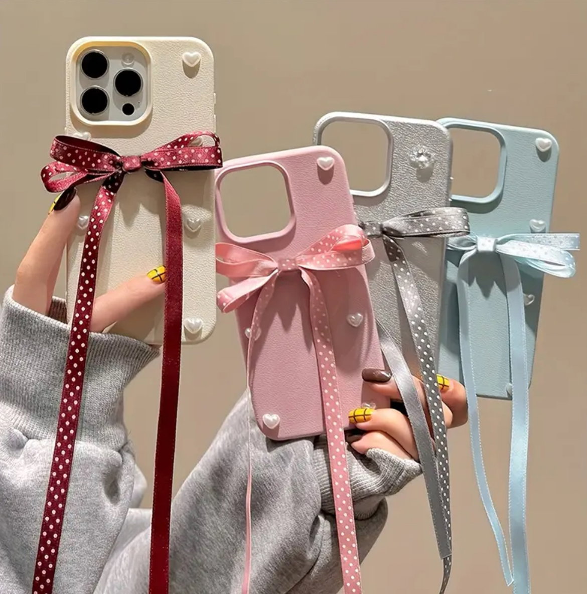 Cute 3D heart Rhinestone polka dot ribbon bow phone case_0