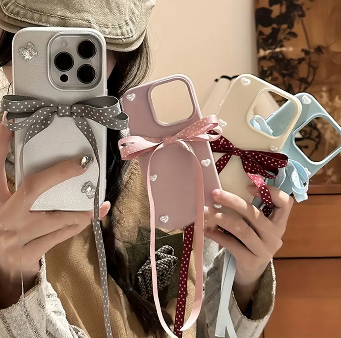 Cute 3D heart Rhinestone polka dot ribbon bow phone case_1