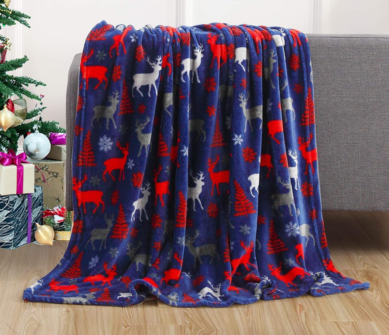 Flannel Christmas Throw Cozy Snowflake Elk Printed Winter Blanket_3