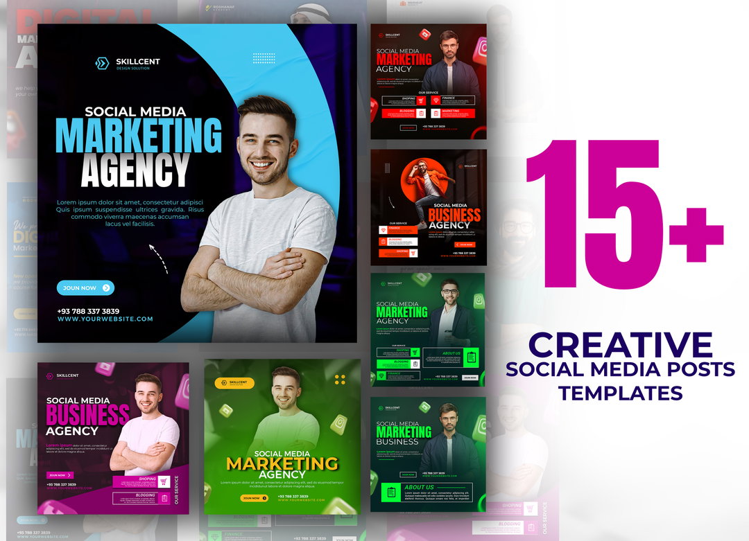 15+ Creative social media post templates, PSD files.
