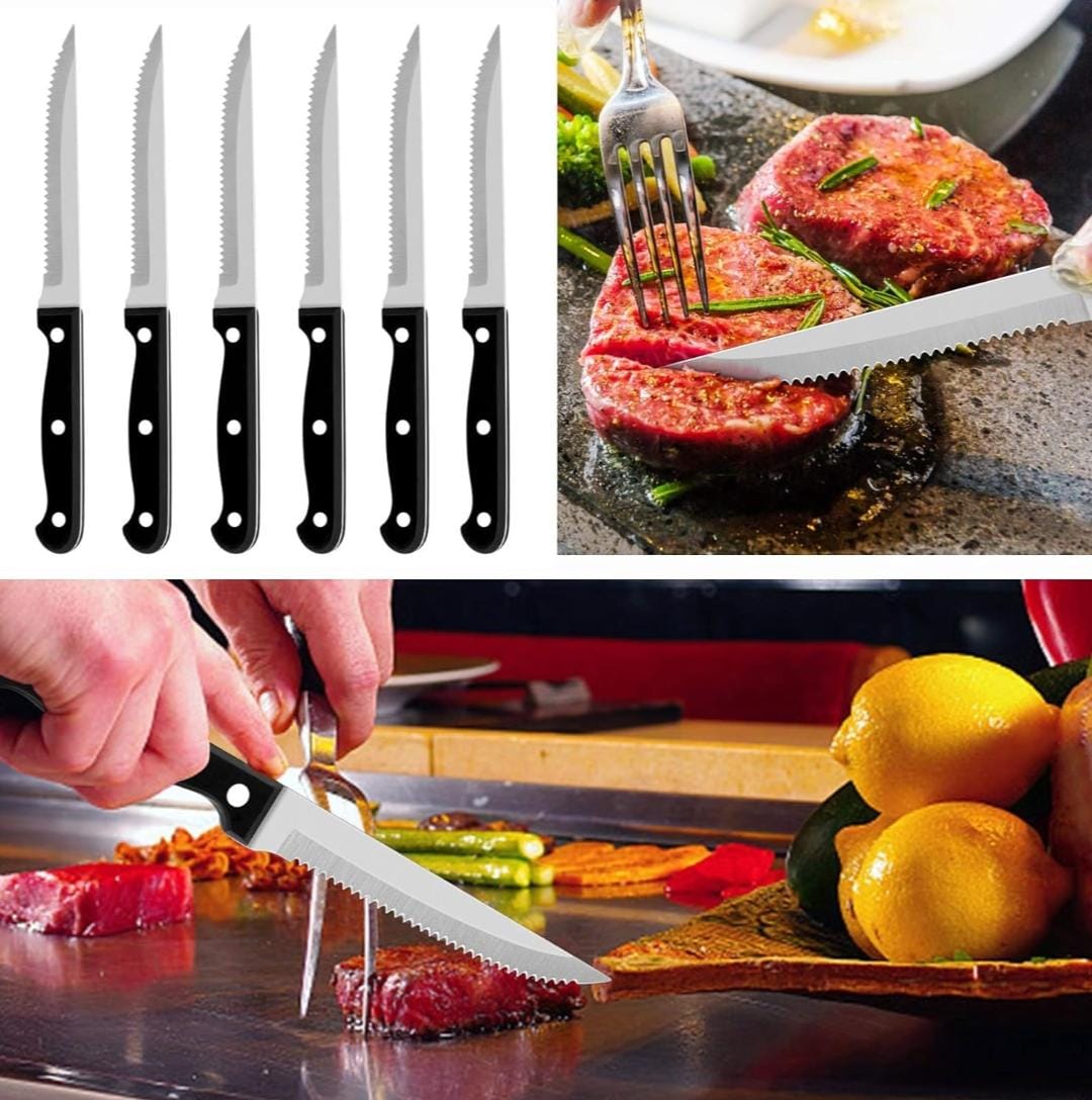 ⏯️ STAINLESS STEEL SERRATED STEAK KNIFE ..set of 6_0