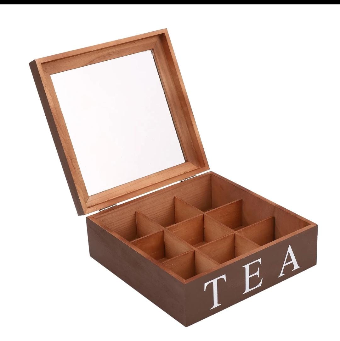 Wooden 9 Grids Tea Box Tea Bags Container Storage Box Case Transparent Top Lid_3