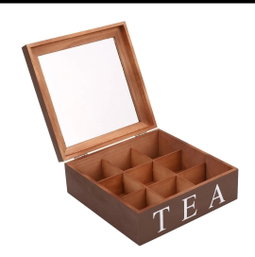 Wooden 9 Grids Tea Box Tea Bags Container Storage Box Case Transparent Top Lid