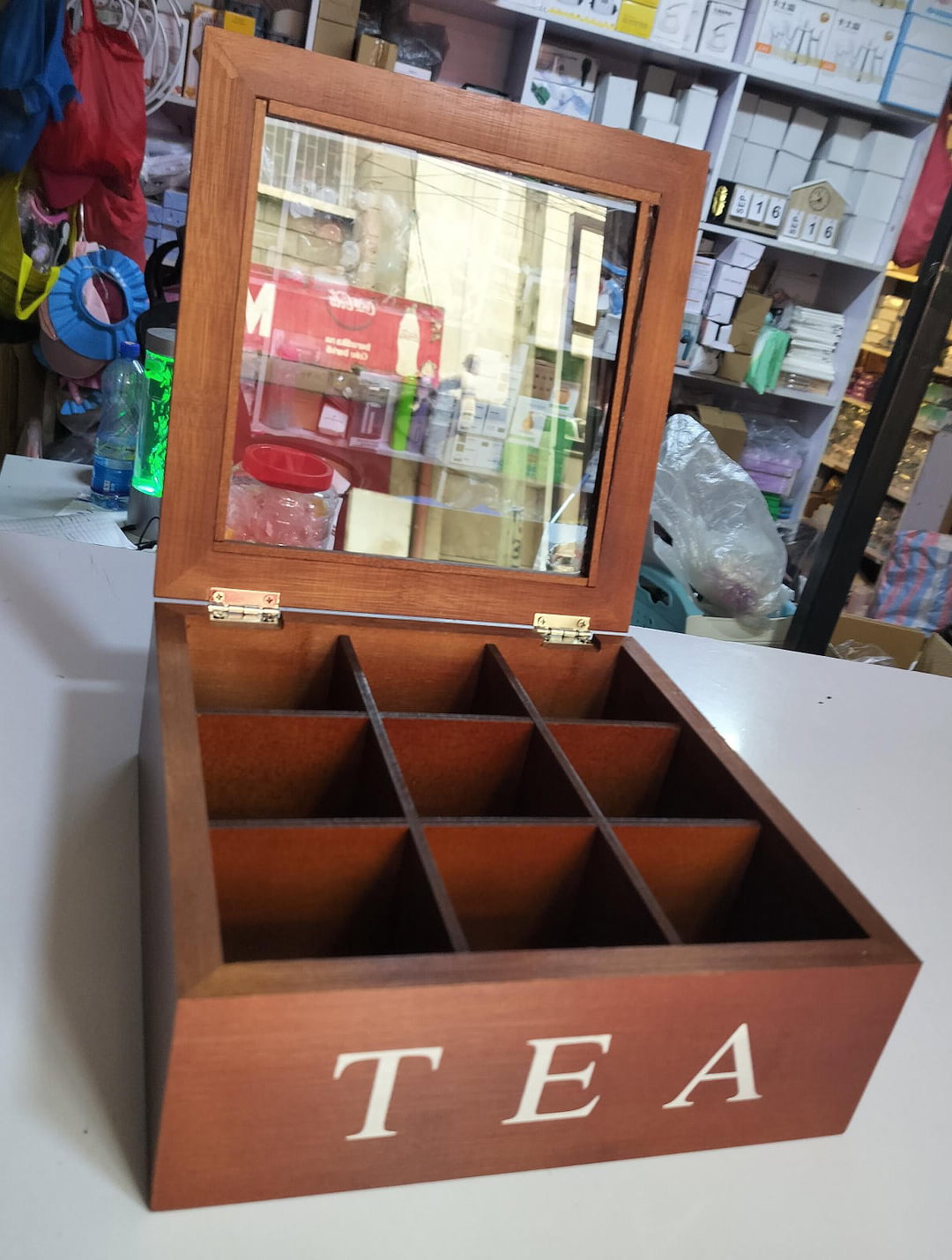 Wooden 9 Grids Tea Box Tea Bags Container Storage Box Case Transparent Top Lid