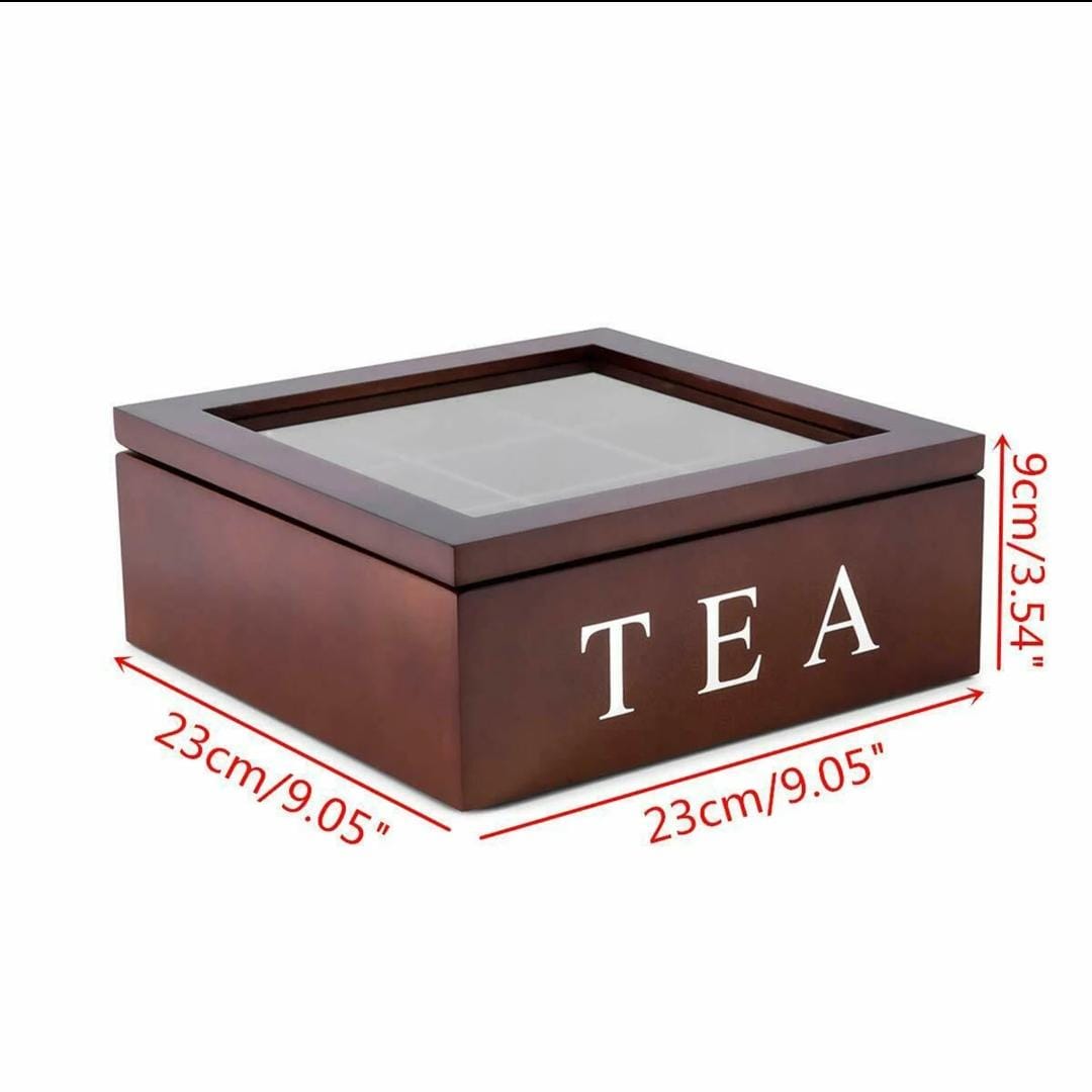 Wooden 9 Grids Tea Box Tea Bags Container Storage Box Case Transparent Top Lid_2