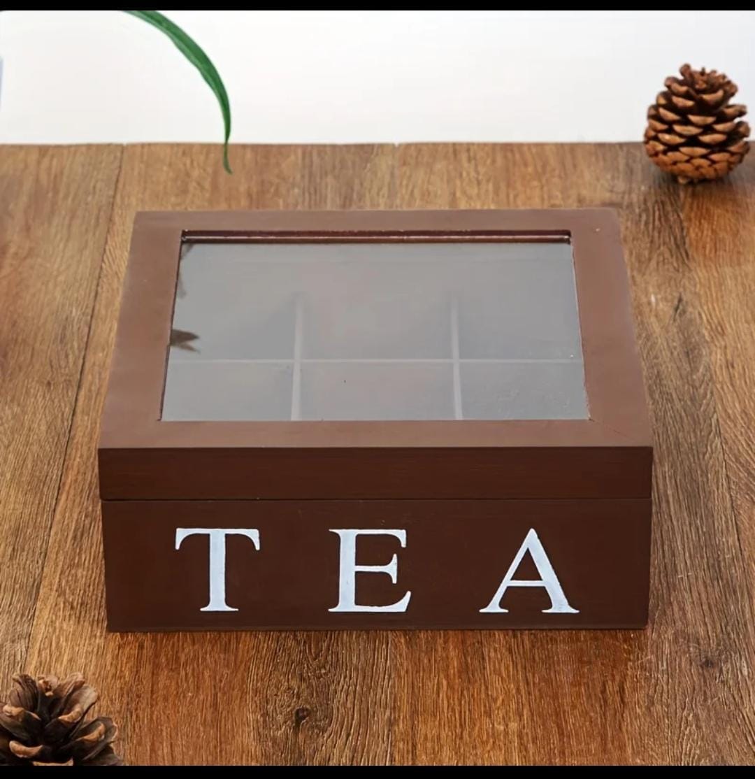 Wooden 9 Grids Tea Box Tea Bags Container Storage Box Case Transparent Top Lid_1