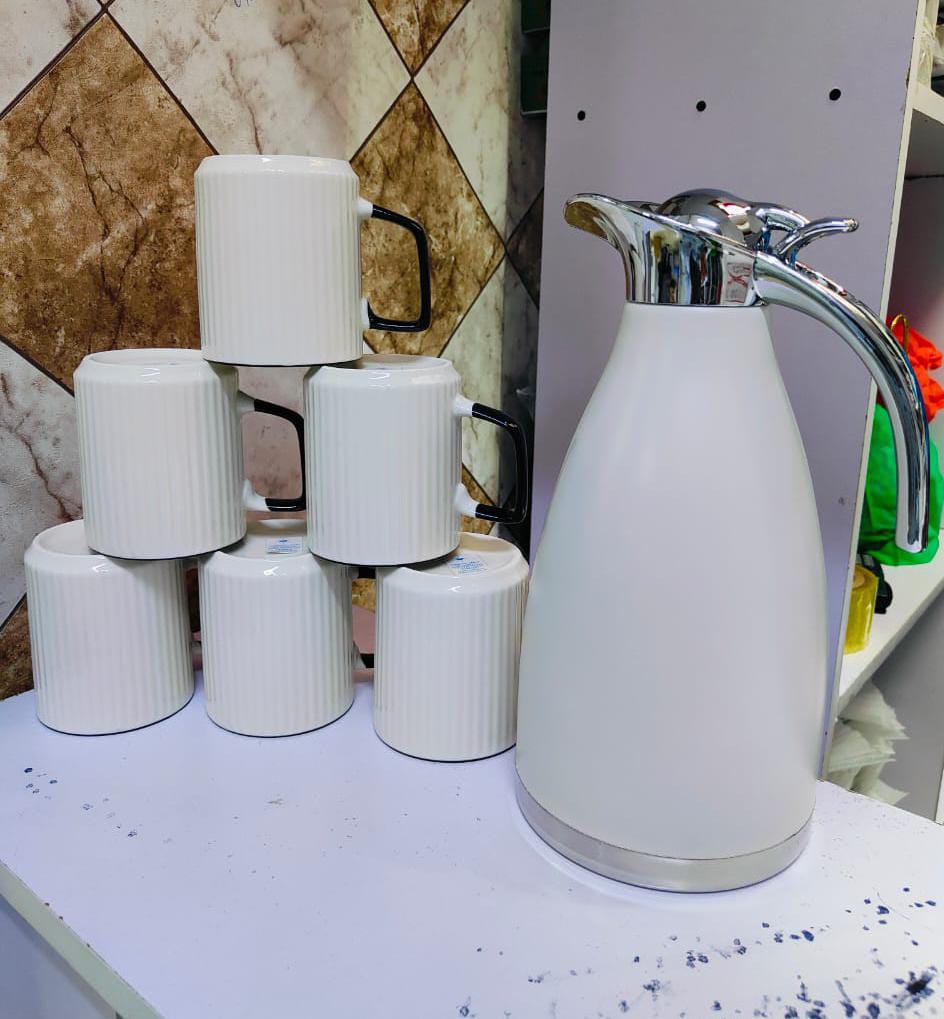 6pc japanese concise mugs + 2ltrs white jp flask