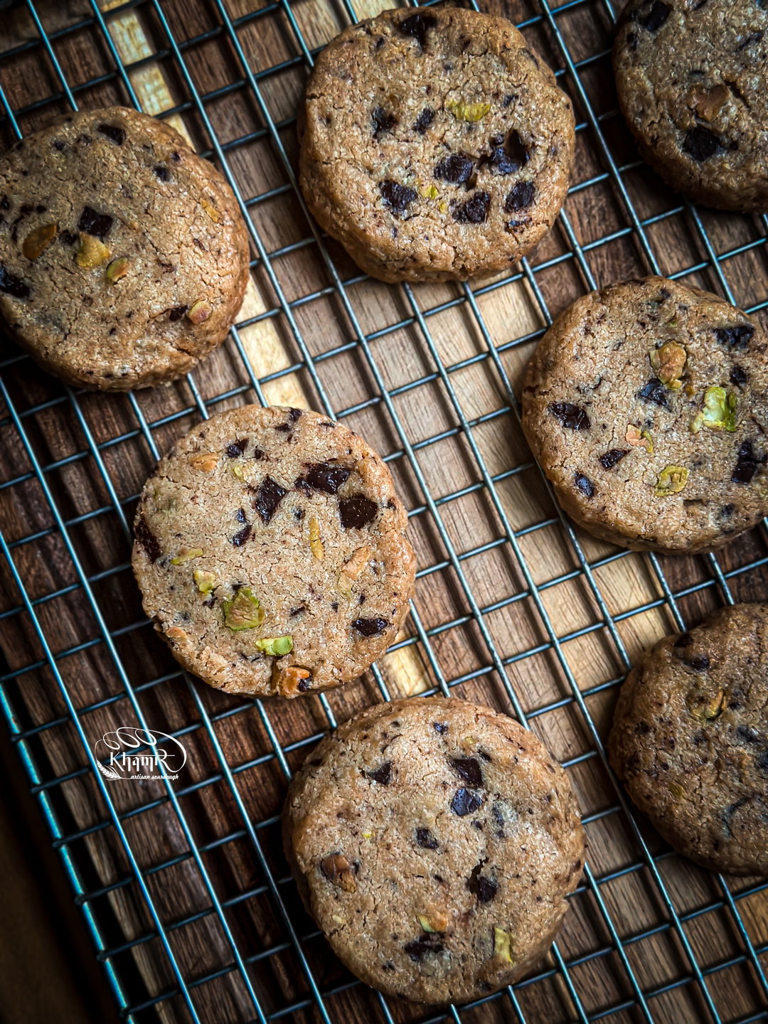 Dark Chocolate and Pistachio Wholegrain Sable Cookies